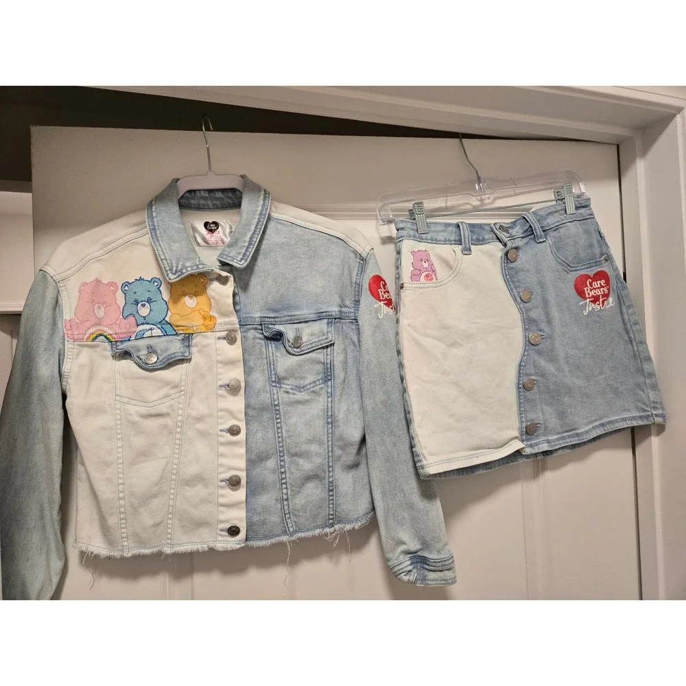 Justice x Care Bears Girls Denim Jacket Skirt Set Light Wash Two-Tone L 12/14